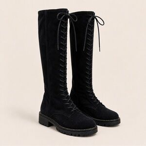 TUCKERNUCK Black Suede Lace-Up Knee-High Boots